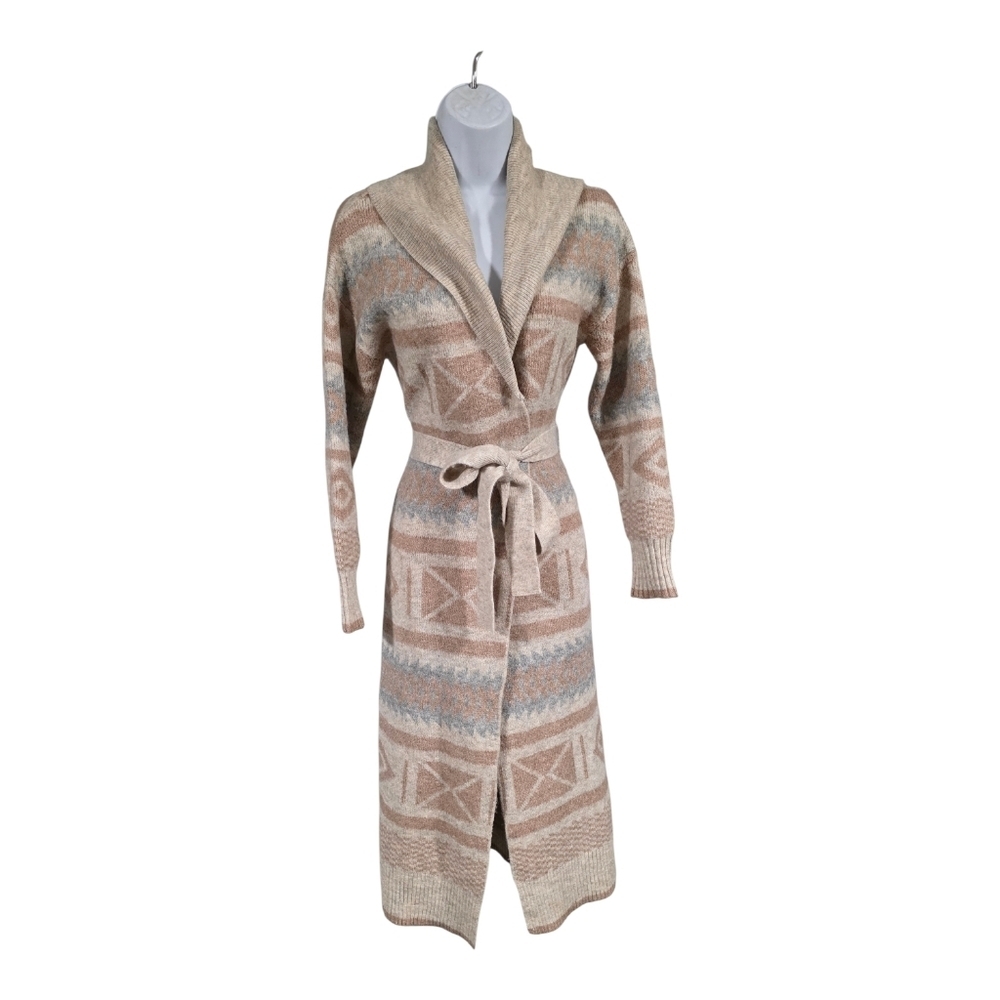 London Kaye Southwestern Belted Longline Cardigan Sweater Coat Cream Gray S/M - Picture 2 of 5
